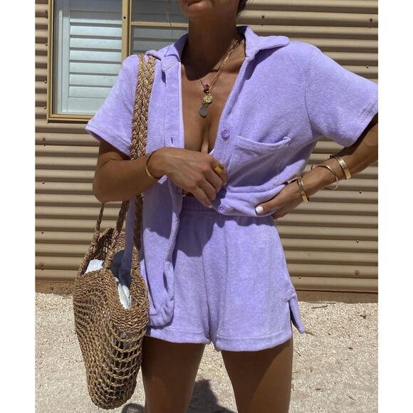 Frankies Bikinis Coco Terry Button Up Shirt & Shorts Set Lilac XS Lounge ~ NEW! - Picture 1 of 16